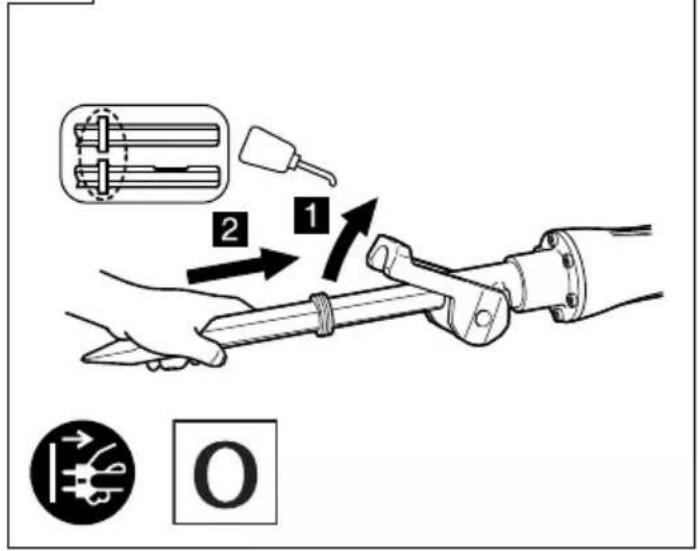 Diagram illustrating a mechanical tool manipulation step with labeled parts and directional indicators