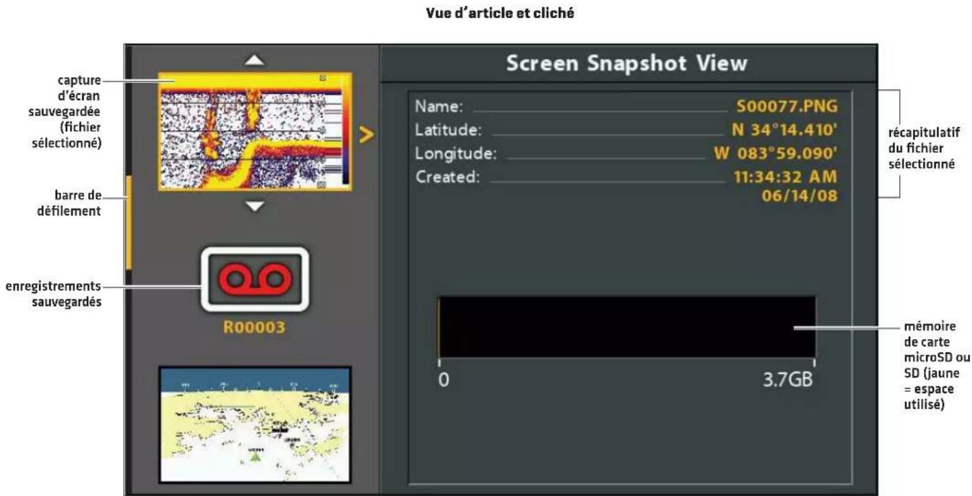 Vue d'article et cliché Capture d'écran sauvegardée (fichier sélectionné) barre de défilement enregistrements sauvegardés Screen Snapshot View Name: S00077.PNG Latitude: N 34°14.410' Longitude: W 083°59.090' Created: 11:34:32 AM 06/14/08 récapitulatif du fichier sélectionné R00003 mémoire de carte microSD ou SD (jaune = espace utilisé) 0 3.7GB