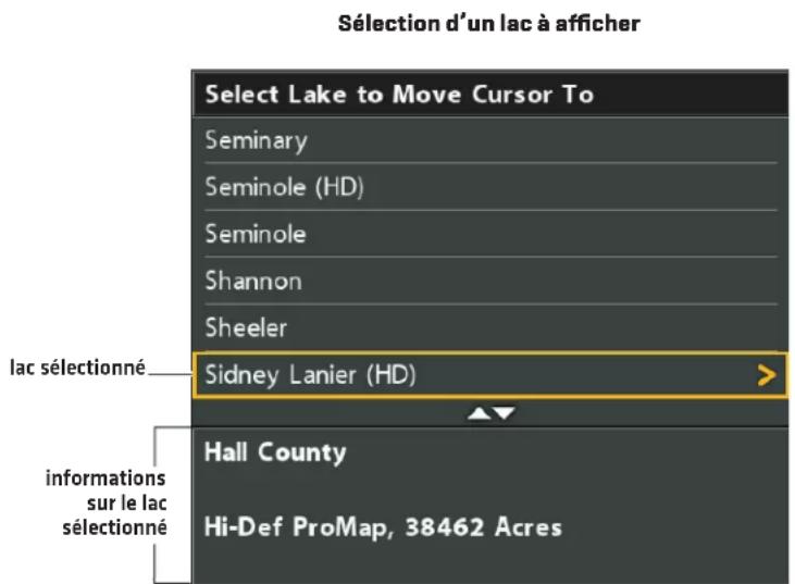 Sélection d'un lac à afficher Select Lake to Move Cursor To Seminary Seminole (HD) Seminole Shannon Sheeler lac sélectionné Sidney Lanier (HD) Hall County informations sur le lac sélectionné Hi-Def ProMap, 38462 Acres