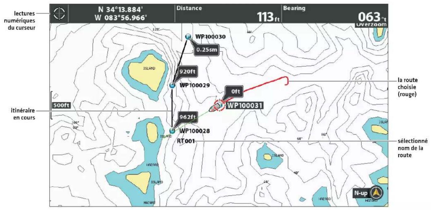 lectures numériques du curseur N 34°13.884' W 083°56.966' Distance 113ft Bearing 063°t Overzoom WP100030 0.25sm 920ft WP100029 0ft WP100031 962ft WP100028 RT001 itinéraire en cours 500ft la route choisie (rouge) sélectionné nom de la route N-up