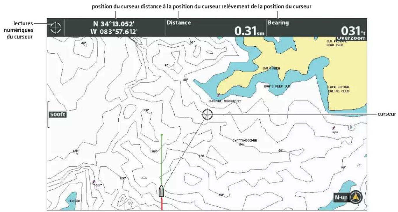 position du curseur distance à la position du curseur relèvement de la position du curseur lectures numériques du curseur N 34°13.052' W 083°57.612' Distance 0.31 sm Bearing 031°t Overzoom OLD FREE HCC ROAD PARK SOUTH AREA BATTS KEEP OUT LAKE LANIER DALING CLUB CHONNEL MARKETLOC 500ft curseur CHOTTAWOCHEE BAV "F" 120° 180° 190° 60° 40° 20° 100° 640° 1420°RO N-up