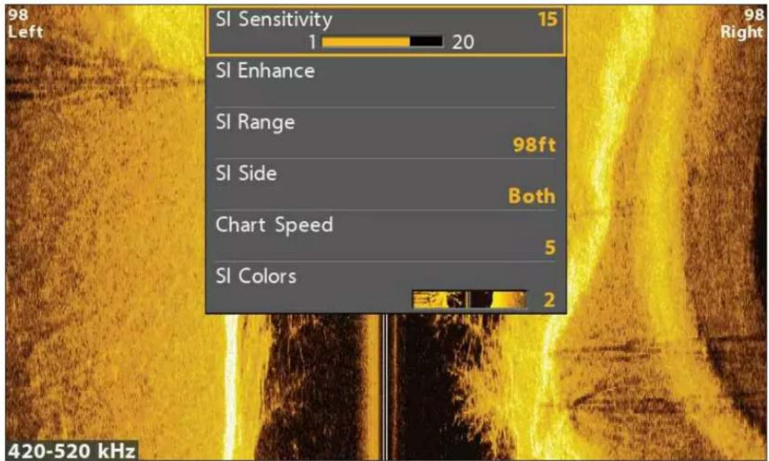 SI Sensitivity 15 1 20 SI Enhance SI Range 98ft SI Side Both Chart Speed 5 SI Colors 2 420-520 kHz