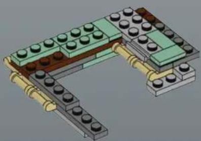 3D architectural model of a building structure with green and brown components, no visible text or symbols
