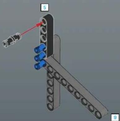 Mechanical assembly diagram showing a bracket with blue connectors and a red arrow pointing to component 5 (no text or symbols present)
