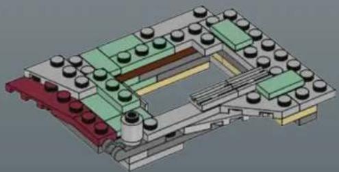 3D architectural diagram of a building complex with green and red components, no visible text or symbols