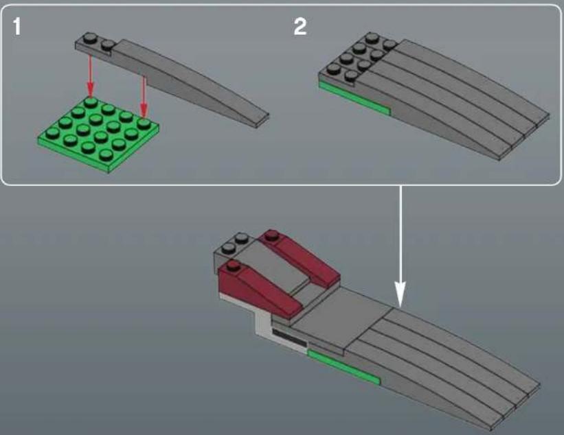 Diagram illustrating a three-step robotic assembly: step 1 shows a green LEGO base with red arrows indicating movement, step 2 shows a gray ramp with black bolts, and step 3 shows the same structure.