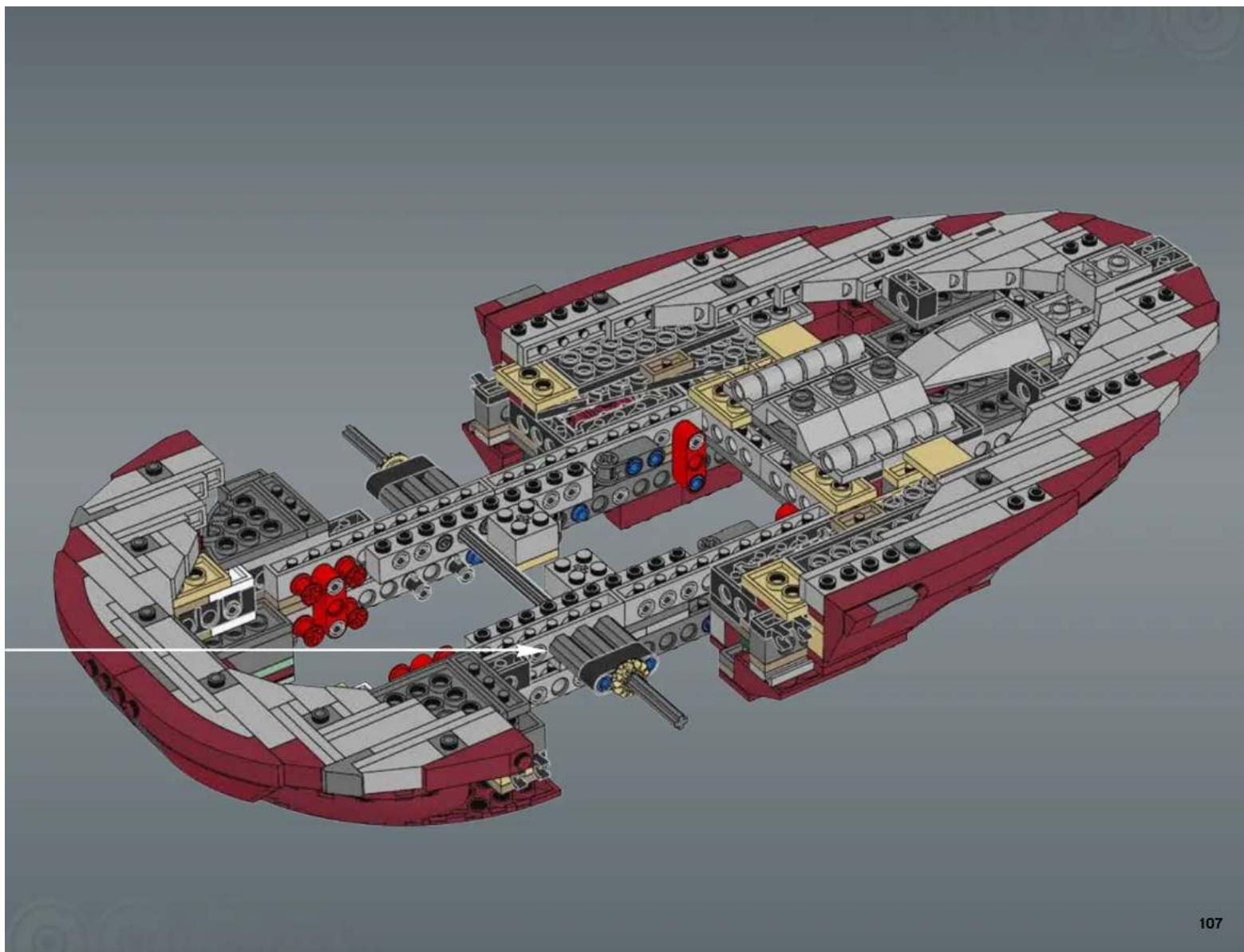 3D cutaway diagram of a red and white LEGO ship's internal structure, showing structural components and no visible text or symbols.
