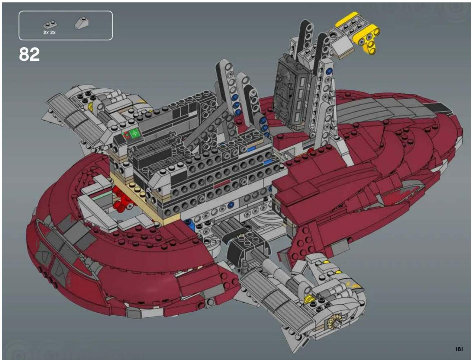 3D architectural model of a red and white robotic ship with multiple pillars and structural components (no text or symbols visible)