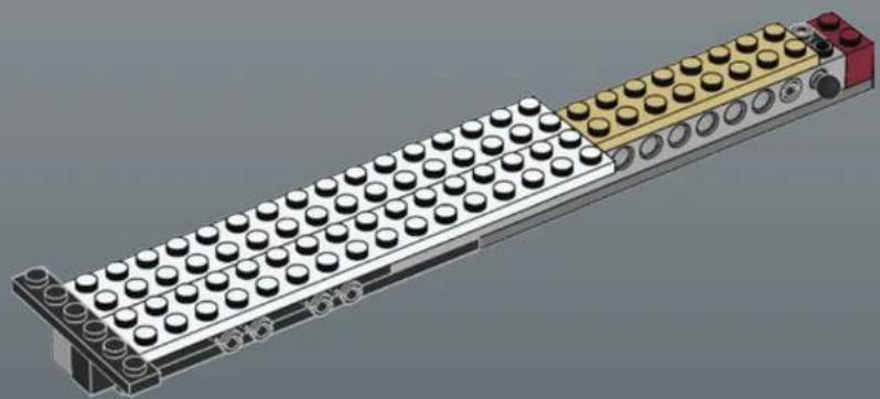 3D rendering of a LEGO mechanical component with multiple stacked blocks and mounting holes (no text or symbols visible)