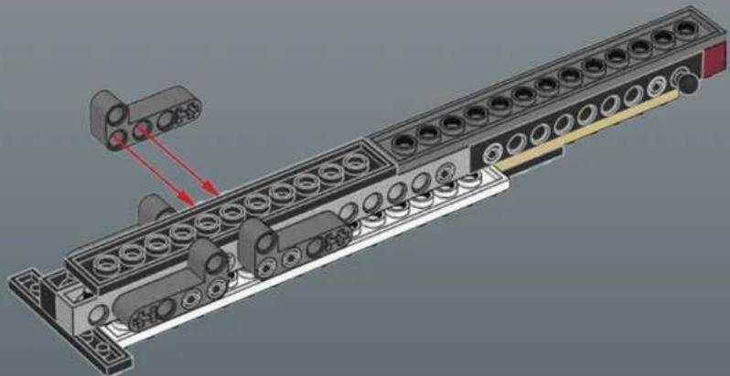 3D mechanical assembly diagram showing a conveyor belt system with multiple cylindrical components and red directional arrows indicating motion (no text or symbols present)
