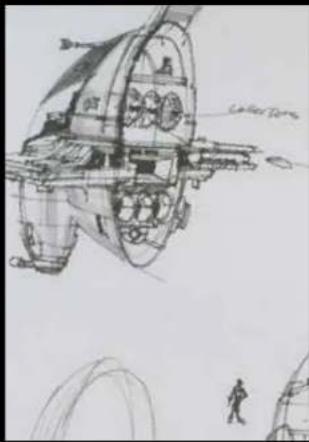 Hand-drawn sketch of a futuristic spacecraft with visible internal components and no text or symbols