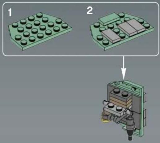 Diagram showing two steps of assembling a green LEGO base with black circular components, labeled 1 and 2, followed by a mechanical assembly.