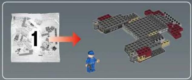 Diagram showing a LEGO structure being converted into a labeled plastic bag, with a small figure nearby.