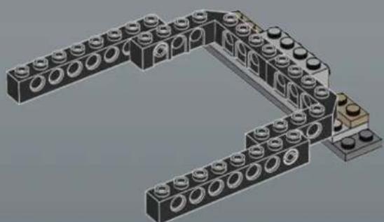3D architectural model of a modular building structure with circular and rectangular elements (no text or symbols)