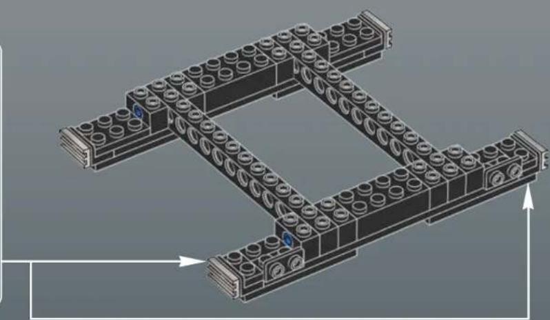 3D architectural model of a modular building structure with circular components and directional arrows (no text or symbols)