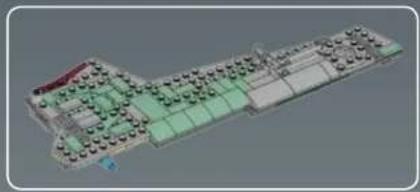3D architectural rendering of a multi-level building complex with green spaces and gray walls (no visible text or symbols)