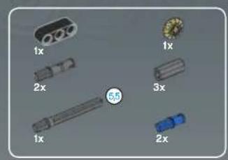 Collection of 3D mechanical components with labeled dimensions (1x, 2x, 3x, 5x) and a circular indicator (5.5), no readable text or symbols beyond measurement indicators.