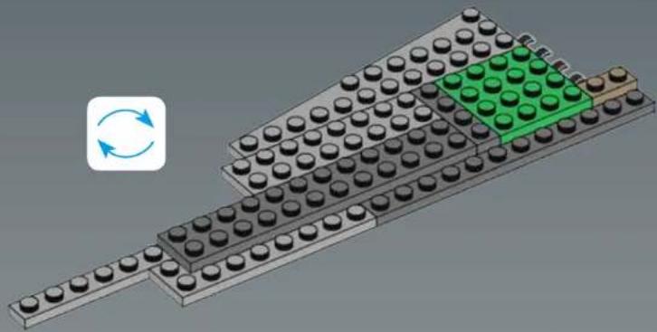 3D diagram of a multi-layered robotic platform with green blocks and black circular components, no text or symbols present.