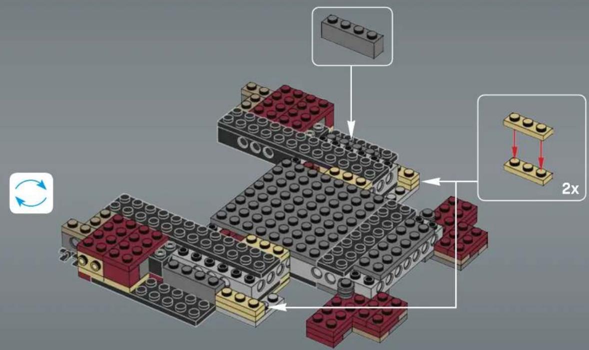 Lego assembly diagram showing brick structure with 2x scaling and rotation indicator