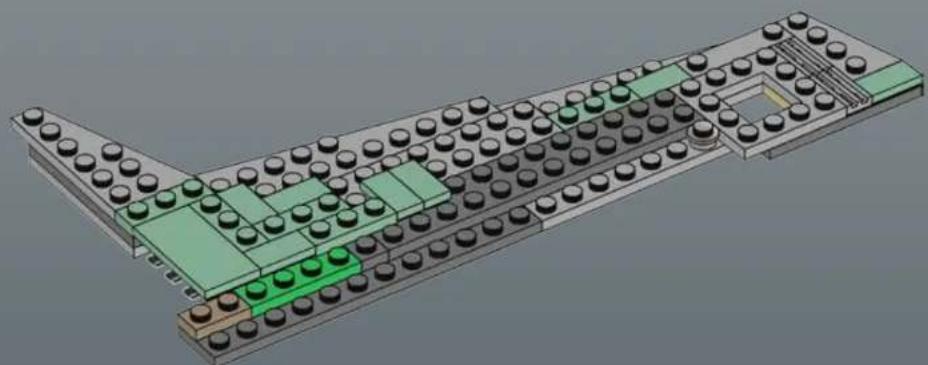 3D architectural layout diagram of a multi-level building with green and black components (no text or symbols)