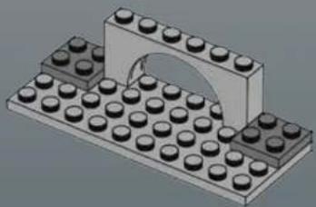 3D diagram of a LEGO structure with circular components and an arched cutout (no text or symbols)