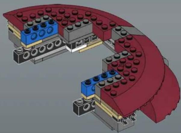 3D mechanical assembly diagram showing a red curved structure with blue and gray components (no text or symbols)