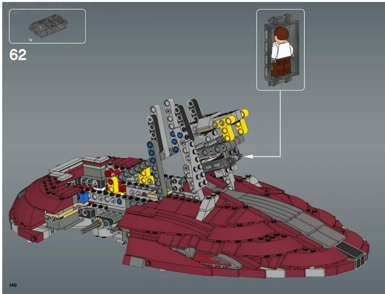 3D model of a red robotic ship with yellow structural components and a small inset showing a person inside a mirror (no text or symbols)