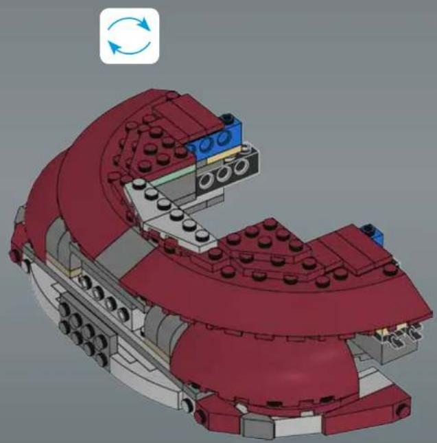 3D mechanical assembly diagram of a red and white LEGO robot with no visible text or symbols