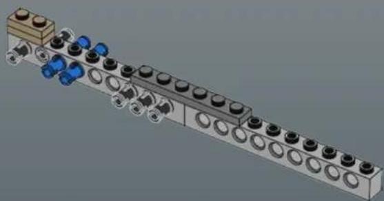 3D mechanical assembly diagram showing a row of connected components with blue and black parts (no text or symbols visible)