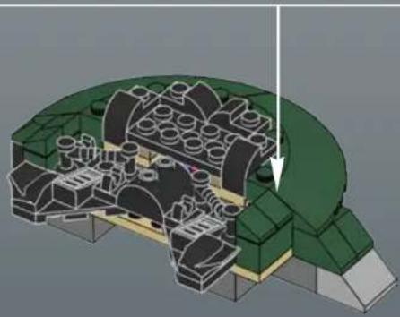 3D architectural rendering of a mechanical assembly with green structural elements and internal components (no text or symbols visible)