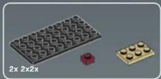 Three LEGO-shaped objects: a grid-patterned tray, a red cube, and a yellow base (no text or symbols visible)