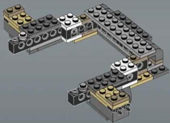 3D architectural diagram of a multi-level building structure with multiple brick units and circular components (no text or symbols)