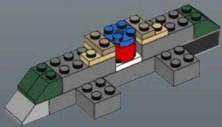 3D diagram of a LEGO structure with green and brown blocks, featuring a red central component (no text or symbols)