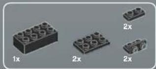 Four LEGO blocks with labeled dimensions (1x, 2x) shown in different orientations (no text or symbols on the blocks themselves)