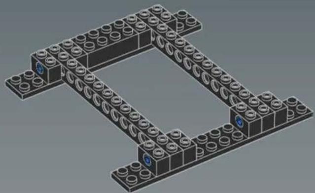 3D architectural model of a LEGO structure with rectangular blocks and circular elements (no text or symbols)