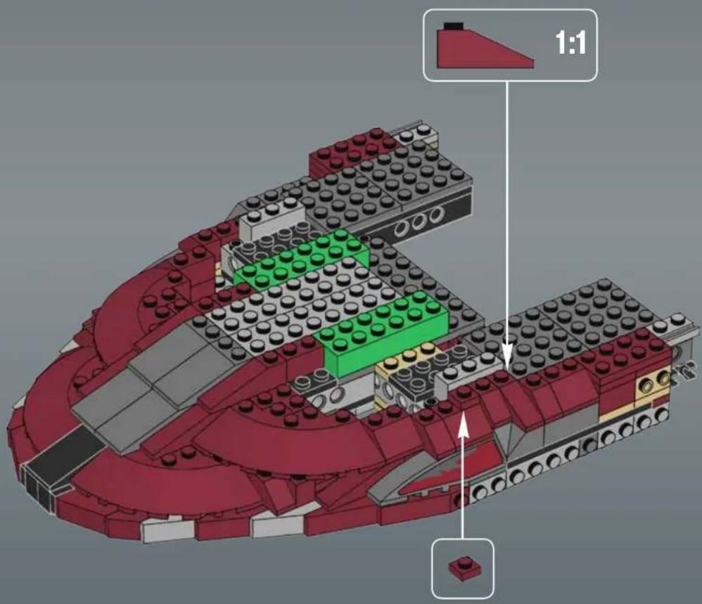 3D architectural model of a ship's deck with red and green LEGO blocks, showing structural details and a 1:1 ratio indicator (no text or symbols on the diagram itself)