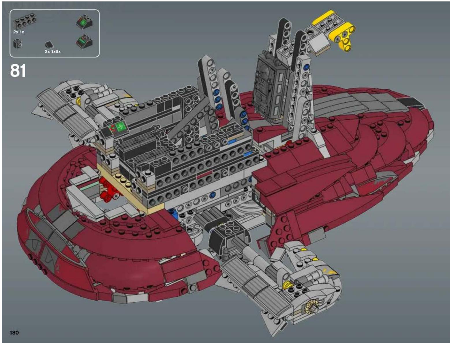 3D architectural model of a red and gray robotic ship or spacecraft with visible structural components and no text or symbols