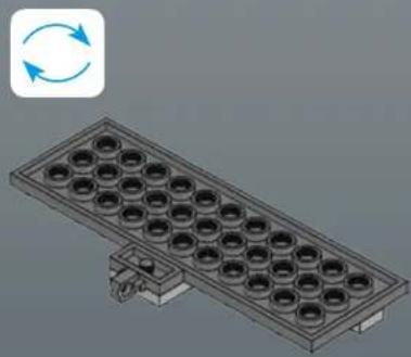 3D rendering of a rectangular tray with circular indentations and a small mechanical component at the base (no text or symbols)