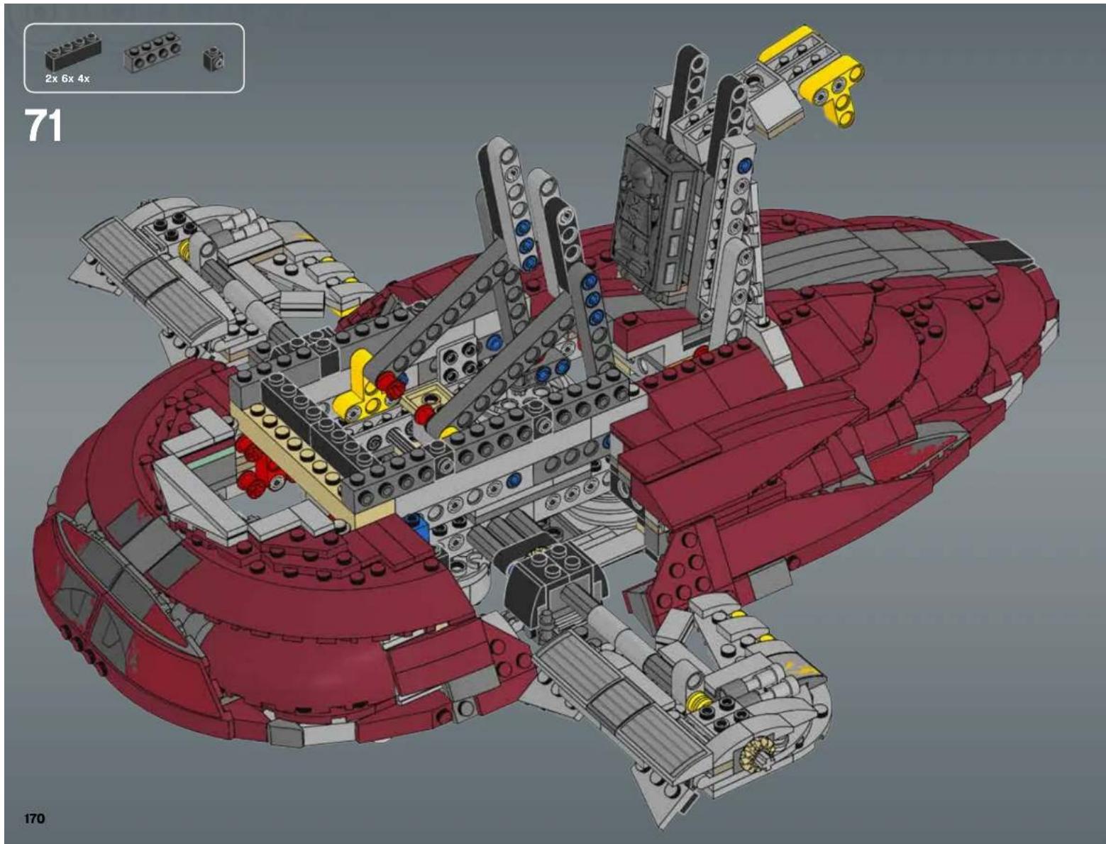 3D architectural model of a red and maroon ship or spacecraft with visible structural components and no text or symbols