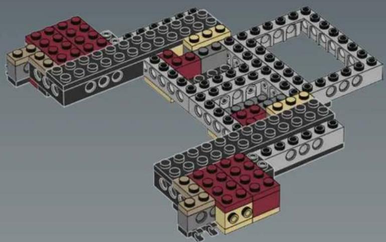 3D architectural model of a LEGO structure with multiple layers and circular components (no text or symbols)