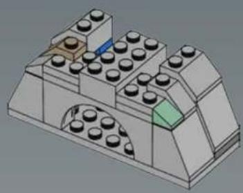 3D architectural diagram of a multi-story building with multiple cylindrical structures and an arched entrance (no text or symbols)