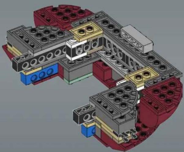 3D architectural model of a mechanical assembly with red and blue components, no visible text or symbols