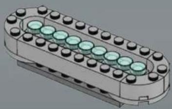 3D rendering of a mechanical component with multiple cylindrical pins and a central green component (no text or symbols visible)