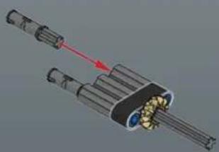 3D mechanical assembly diagram showing shafts and gears with a red arrow indicating direction (no text or symbols)