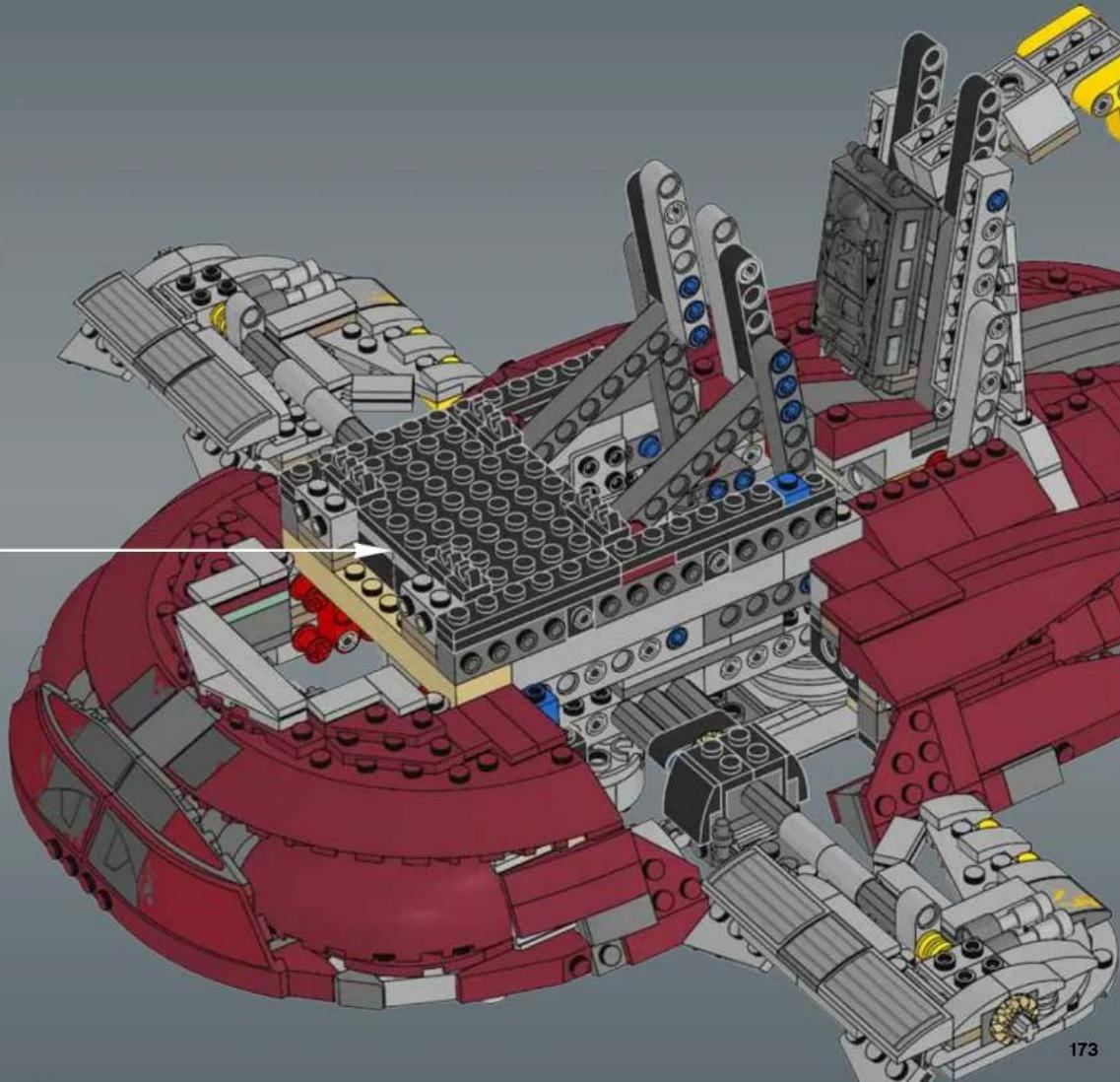 3D architectural rendering of a red and gray robotic spacecraft with multiple pillars and structural components (no visible text or symbols)