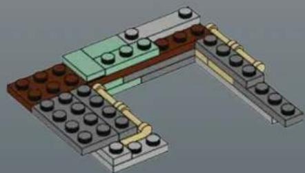 3D diagram of a mechanical assembly with stacked blocks and yellow pipes (no text or symbols)