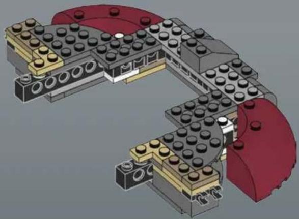 3D architectural model of a mechanical assembly with multiple LEGO blocks and red structural elements (no text or symbols visible)