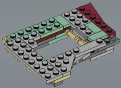 3D architectural diagram of a multi-story building with green and red components, showing structural layout (no text or symbols)