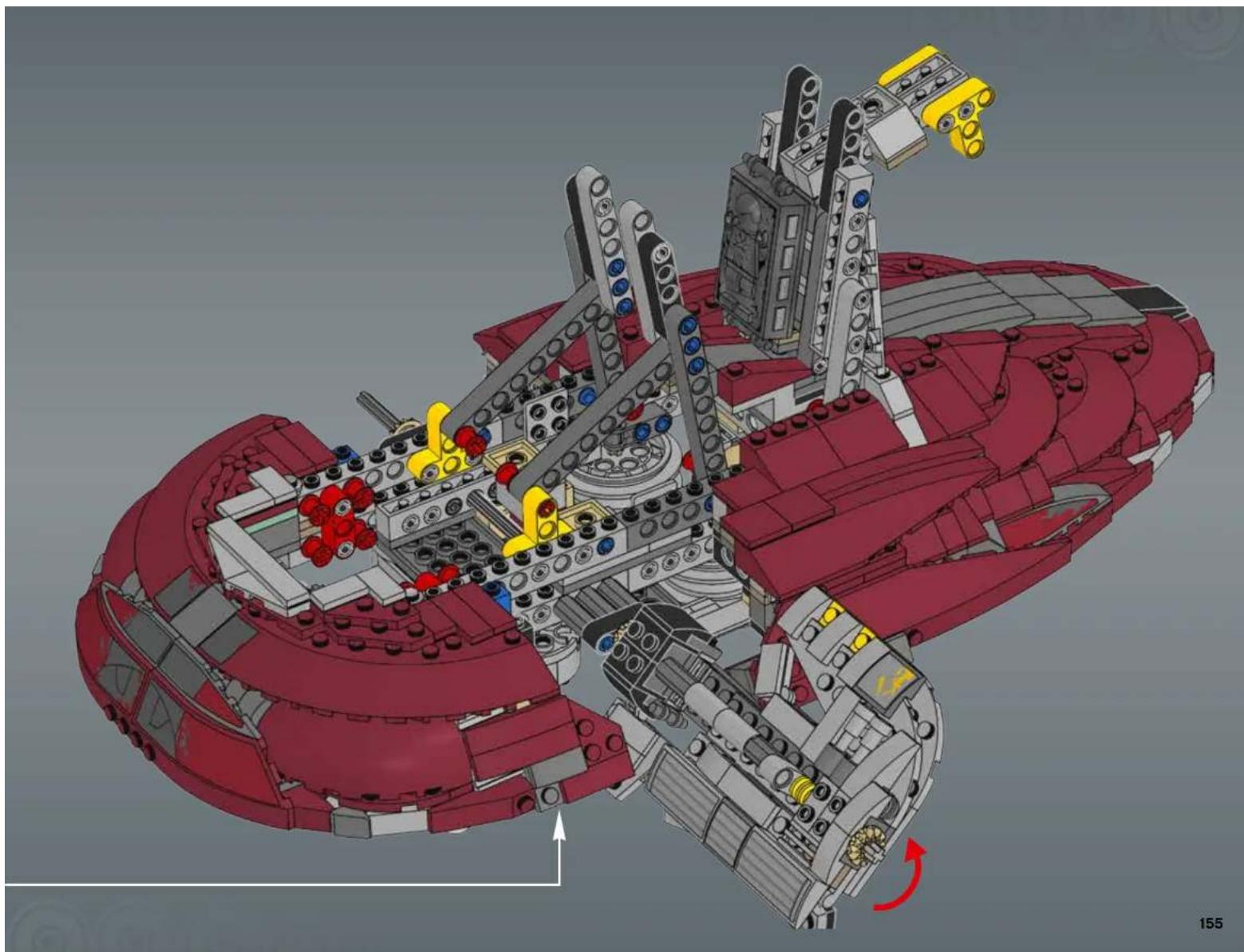 3D mechanical assembly diagram of a red and gray robotic ship (no text or symbols visible)