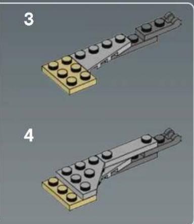 Two 3D diagrams of a LEGO structure with black and gold components, no text or symbols present